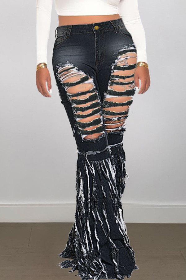 Schwarze Street Solid Quaste Zerrissene Make Old Patchwork Denim Jeans mit hoher Taille