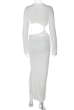 White Sexy Solid Hollowed Out O Neck Pencil Skirt Dresses