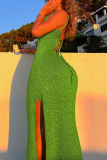 グリーン セクシー ソリッド ドロー ストリング スパゲッティ ストラップ ペンシル スカート ドレス