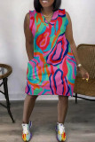 ローズレッドファッションカジュアルプリントパッチワークVネックノースリーブプラスサイズのドレス