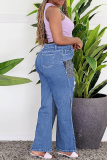Blue Casual Patchwork Ripped Slit Mid Waist Boot Cut Denim Jeans