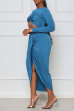 Pfauenblau Sexy Solide Ausgehöhltes Patchwork Asymmetrischer O-Ausschnitt Unregelmäßige Kleider