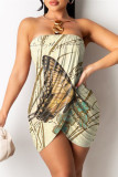 Multicolor Fashion Sexy Print Patchwork rückenfreies trägerloses ärmelloses Kleid