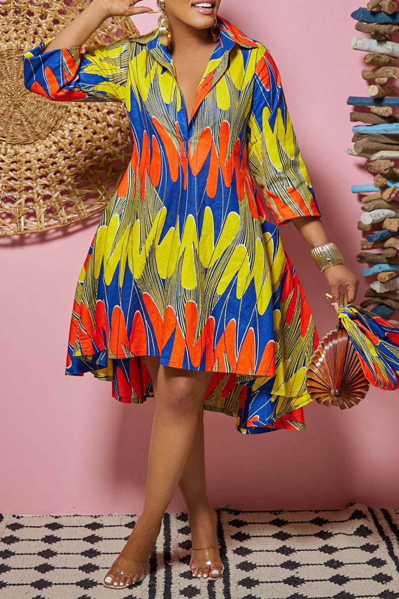 

Yellow Fashion Print Patchwork Turndown Collar Shirt Dress Dresses