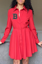 Rote Mode-Druck-Patchwork-Umlegekragen-Hemd-Kleid-Kleider