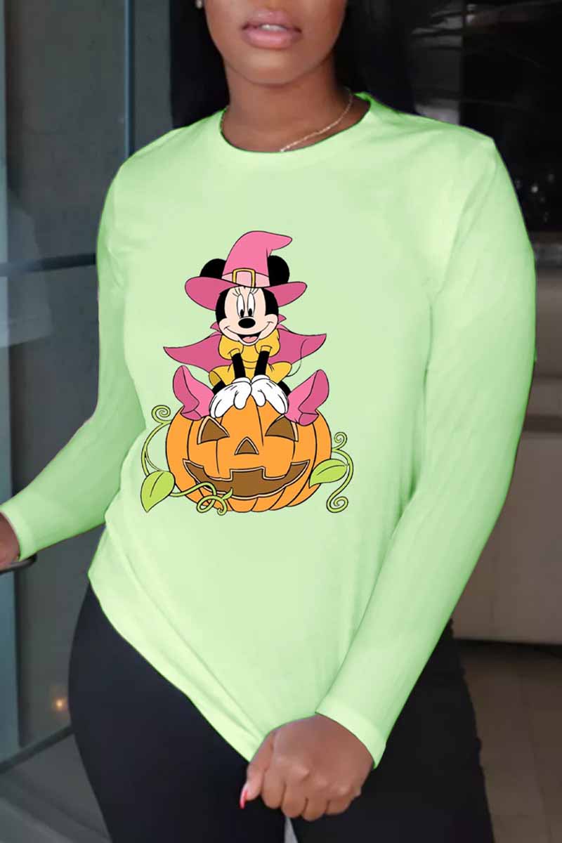 

Green Fashion Street Character Print Patchwork O Neck Tops