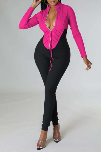 Rose Red Sexy Solid Patchwork Fold Zipper Collar Regular Jumpsuits