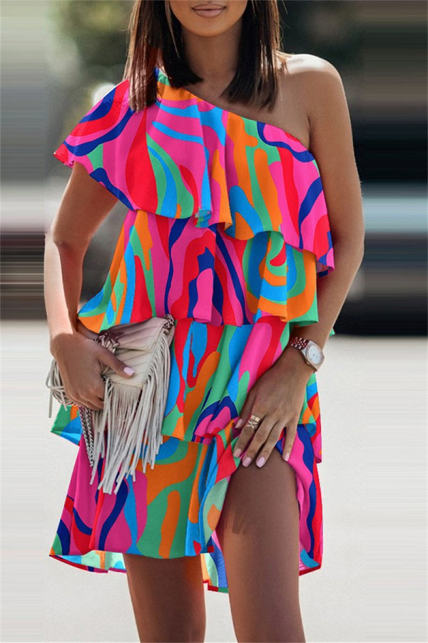 Couleur Fashion Casual Print Patchwork Backless Oblique Collar Robe sans manches Robes
