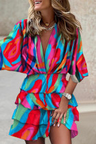 Color Fashion Casual Print Patchwork V-Ausschnitt bedrucktes Kleid