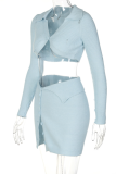 Sky Blue Sexy Solid Patchwork Turndown Collar Long Sleeve Two Pieces