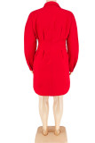 Tangerine Red Casual Solid Patchwork Buckle Turndown Collar Shirt Dress Plus Size Dresses