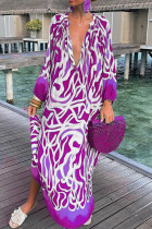 Фиолетовый сексуальный принт Пэчворк V-образным вырезом Прямые платья