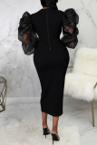 Black Fashion Solid Mesh O Neck Pencil Skirt Dresses