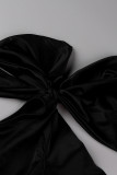 黒のエレガントなソリッドパッチワーク、ボウオブリークカラーワンステップスカートドレス（ベルトなし）