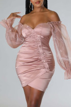 rosa sexy sólido patchwork fuera del hombro lápiz falda vestidos
