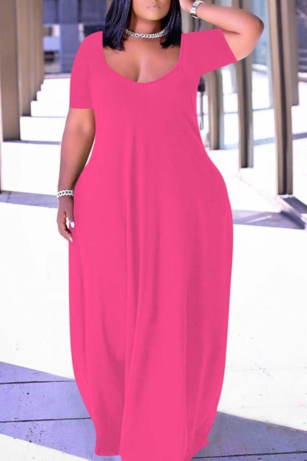 Vestido de manga corta con cuello en V de patchwork sólido de talla grande casual de moda rosa