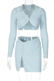 Sky Blue Sexy Solid Patchwork Turndown Collar Long Sleeve Two Pieces