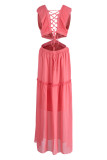 ピンクのセクシーな固体包帯くり抜かれたパッチワーク背中の開いたひも状のセルヴィッチVネックドレス