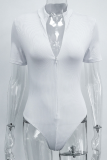 White Sexy Solid Patchwork V Neck Skinny Bodysuits