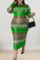 Grüne Mode Lässig Gestreifter Druck Patchwork O-Ausschnitt One Step Rock Kleider in Übergröße
