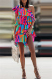 カラー ファッション カジュアル プリント パッチワーク バックレス 斜め襟 ノースリーブ ドレス ドレス