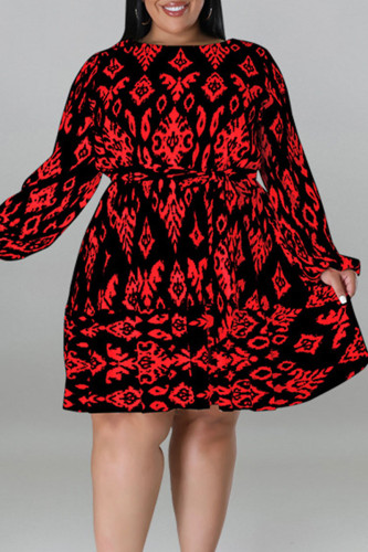 Black Casual Print Bandage Patchwork O Neck Straight Plus Size Dresses
