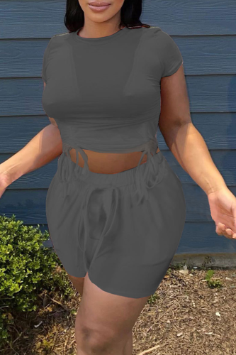 Grey Fashion Solid Draw String O Neck Short Sleeve Two Pieces