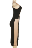 Черные сексуальные однотонные сетчатые платья с круглым вырезом и юбкой-карандашом