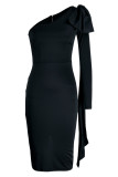 Vestidos de saia de um passo em patchwork preto elegante com gola oblíqua (sem cinto)