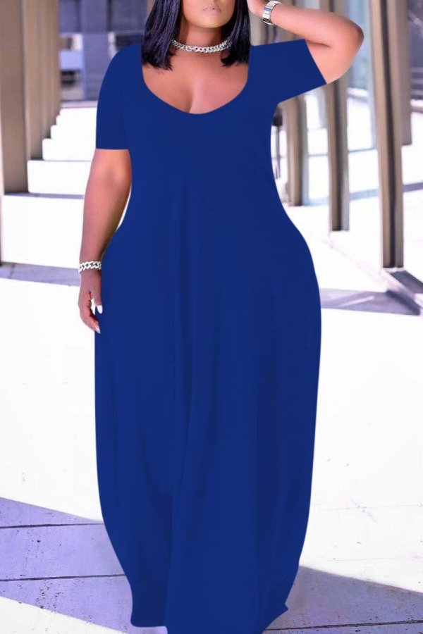 Vestido de manga corta con cuello en V de patchwork sólido de talla grande informal azul de moda