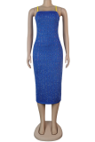Blue Sexy Patchwork Hot Drill Spaghetti Strap Pencil Skirt Dresses
