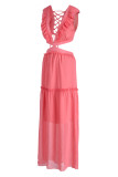 Розовые сексуальные однотонные повязки с вырезами в стиле пэчворк без спинки Stringy Selvedge V-образным вырезом платья