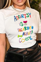 Vit mode sött tryck patchwork T-shirts med bokstaven O-ringning