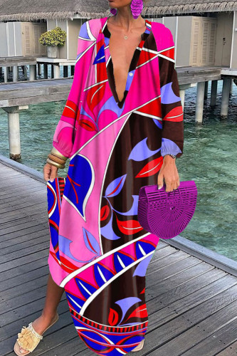 Red Fashion Sexy Print Patchwork V Neck Straight Dresses