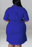 Blue Casual Solid Patchwork Buckle Turndown Collar Straight Plus Size Dresses