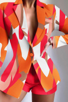 Orange Casual Print Patchwork-knappar Turn-back krage Långärmad två delar