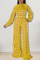 Yellow Casual Plaid Print Patchwork O Neck Straight Jumpsuits