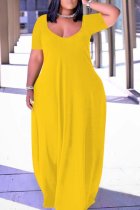 Gelbes, modisches, lässiges, festes Patchwork-Kleid mit V-Ausschnitt und kurzen Ärmeln in Übergröße