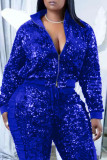 Prendas de abrigo con cuello de cremallera y patchwork de lentejuelas sólidas azules sexy (solo prendas de vestir exteriores)