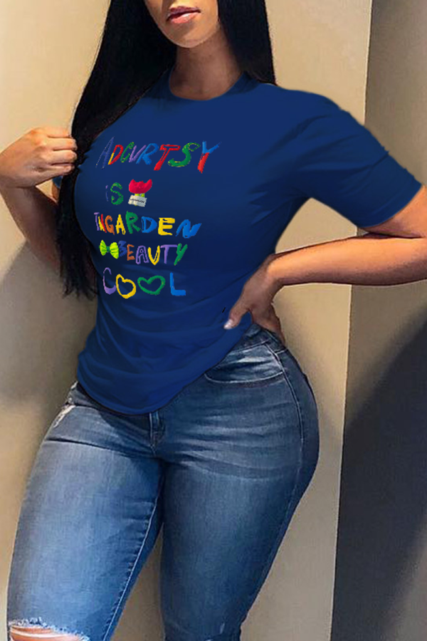 Marinblå söta söta T-shirts med bokstaven O-hals