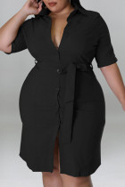 ブラック カジュアル ソリッド パッチワーク バックル ターンダウン カラー ストレート プラスサイズ ドレス