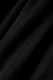 Vestidos de falda de un solo paso con cuello oblicuo de patchwork sólido elegante negro con lazo (sin cinturón)