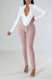 Witte sexy effen patchwork vouw rits kraag normale jumpsuits