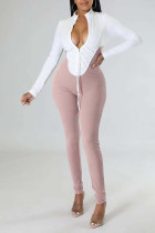 Witte sexy effen patchwork vouw rits kraag normale jumpsuits