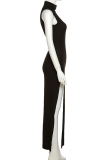 Vestidos de falda de lápiz de cuello alto de apertura alta sólida sexy negra
