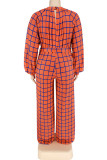 Yellow Casual Plaid Print Patchwork O Neck Straight Jumpsuits
