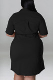 Negro Casual Sólido Patchwork Hebilla Turndown Collar Recto Vestidos de talla grande