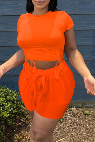Orange Fashion Solid Draw String O Neck Short Sleeve Two Pieces