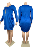 Vestidos de talla grande rectos con cuello en O de patchwork con estampado de moda azul