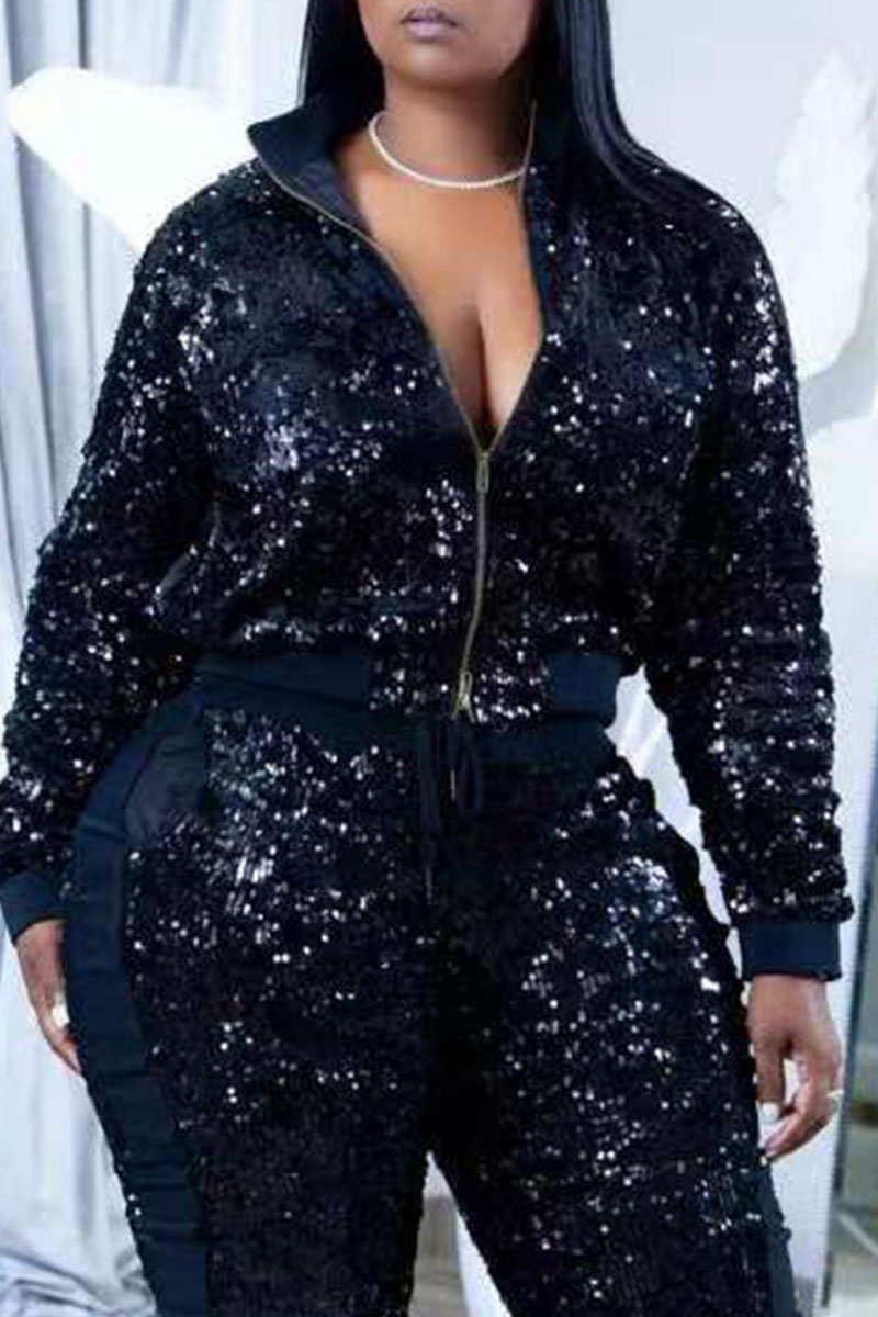 

Black Sexy Solid Sequins Patchwork Zipper Collar Outerwear (Only Outerwear)